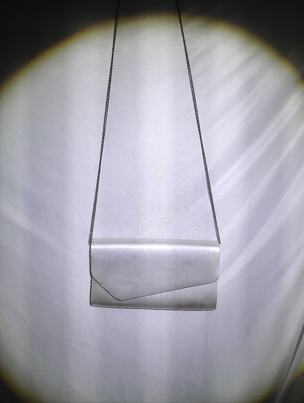 Vintage KF Ltd Silver Metallic Envelope Clutch Bag Chain Strap Mirror 1980s